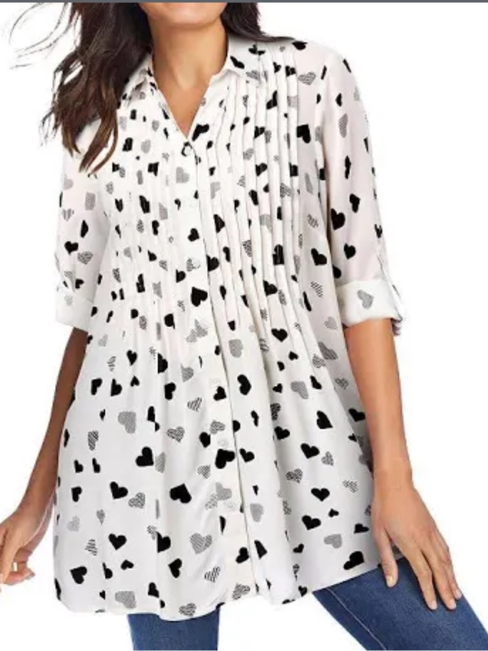 Women’s White Heart Print Button-Up Tunic Top